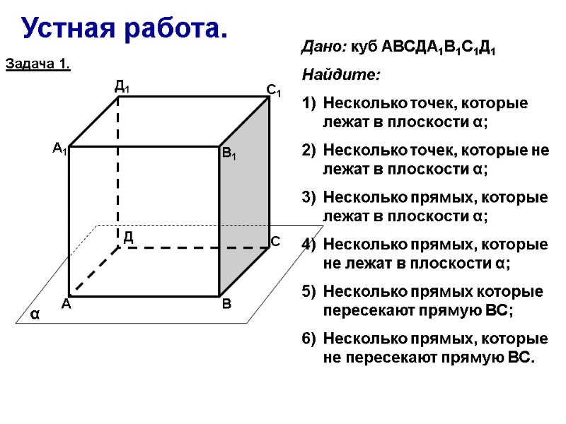 Устная работа. А В С Д А1 В1 С1 Д1 α Дано: куб АВСДА1В1С1Д1